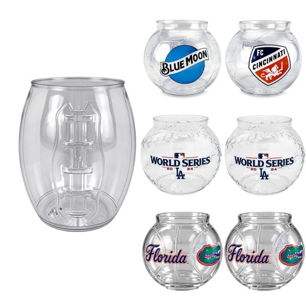 20 oz custom fishbowl plastic acrylic with full-color sports ball logo printing, made in the USA