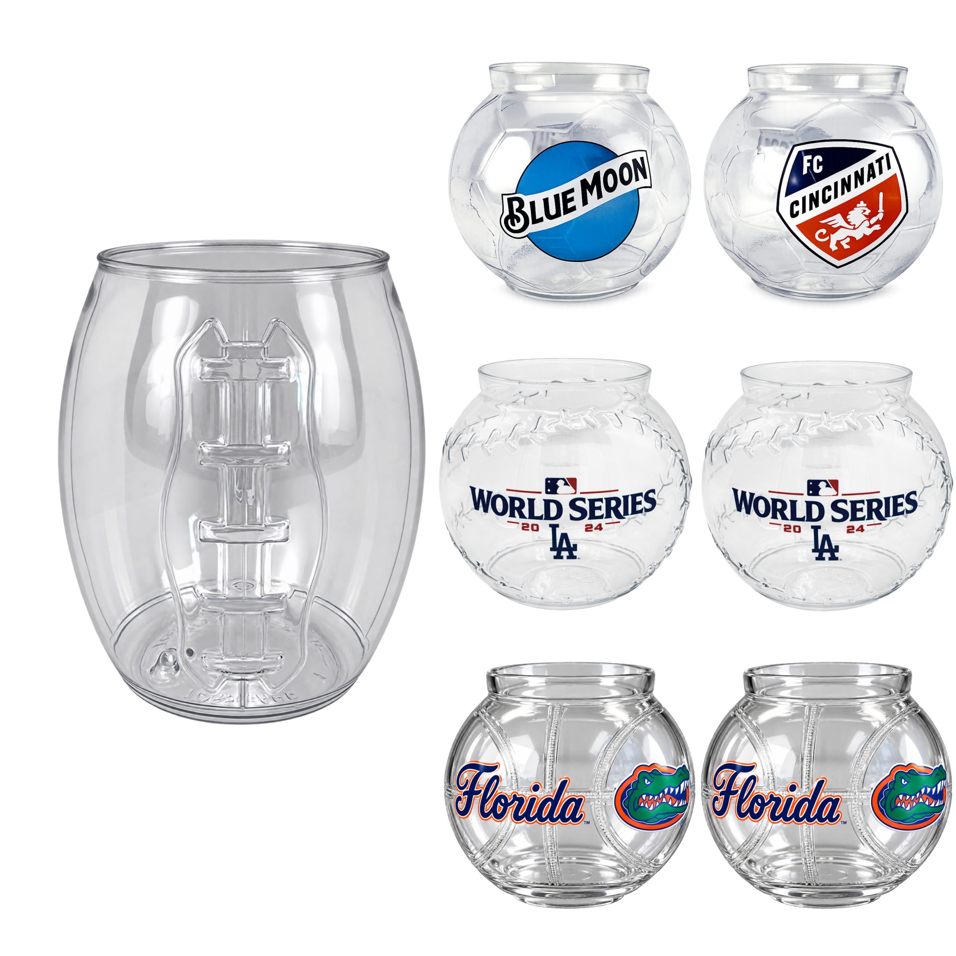 20 oz custom fishbowl plastic acrylic with full-color sports ball logo printing, made in the USA